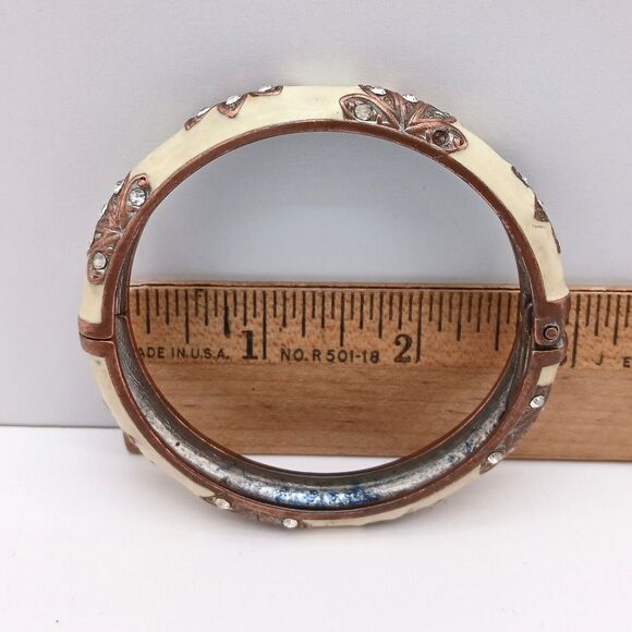Vintage Enamel & Rhinestone Bangle Bracelet Hinged Art Deco Style Cream Copper - Picture 5 of 11